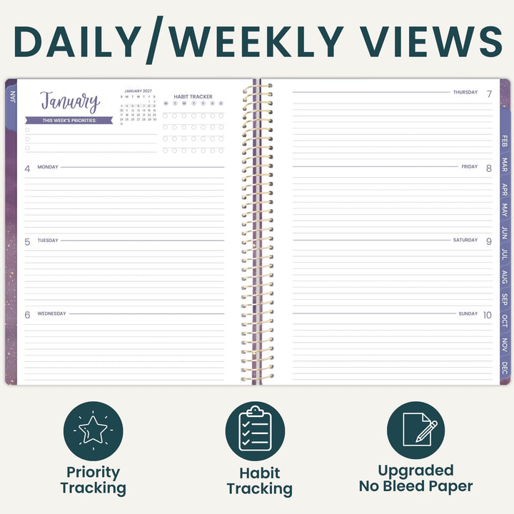 An open spiral-bound planner shown on a light beige background with the heading 'DAILY/WEEKLY VIEWS' at the top and three feature icons below: Priority Tracking, Habit Tracking, and Upgraded No Bleed Paper.