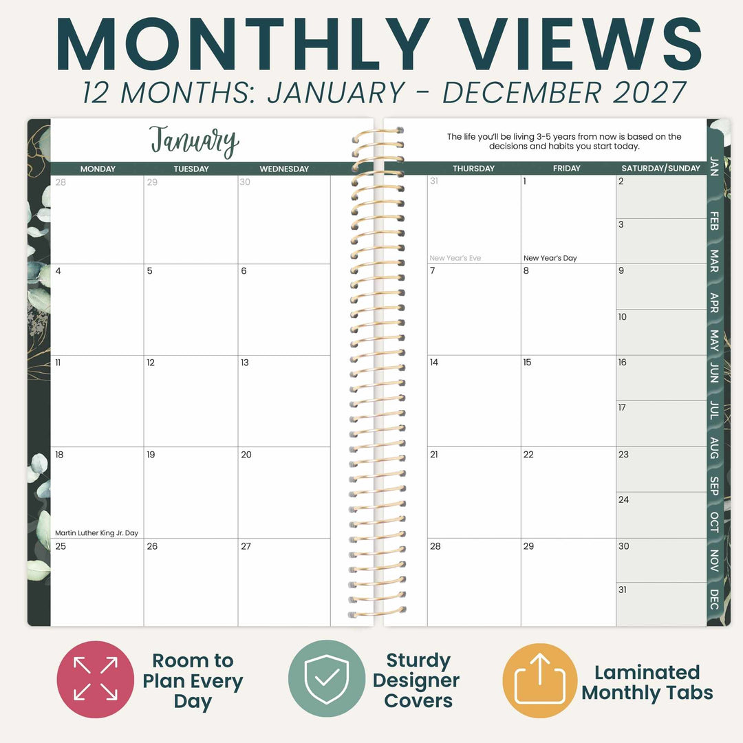 A 12-month spiral-bound planner page spread titled 'MONTHLY VIEWS 12 MONTHS: JANUARY - DECEMBER 2027' on a light beige background. The planner pages are white with dark teal headers and a central spiral binding.
