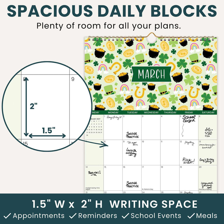 Calendar with St. Patrick's Day design and writing space, showing dimensions and text about daily blocks.