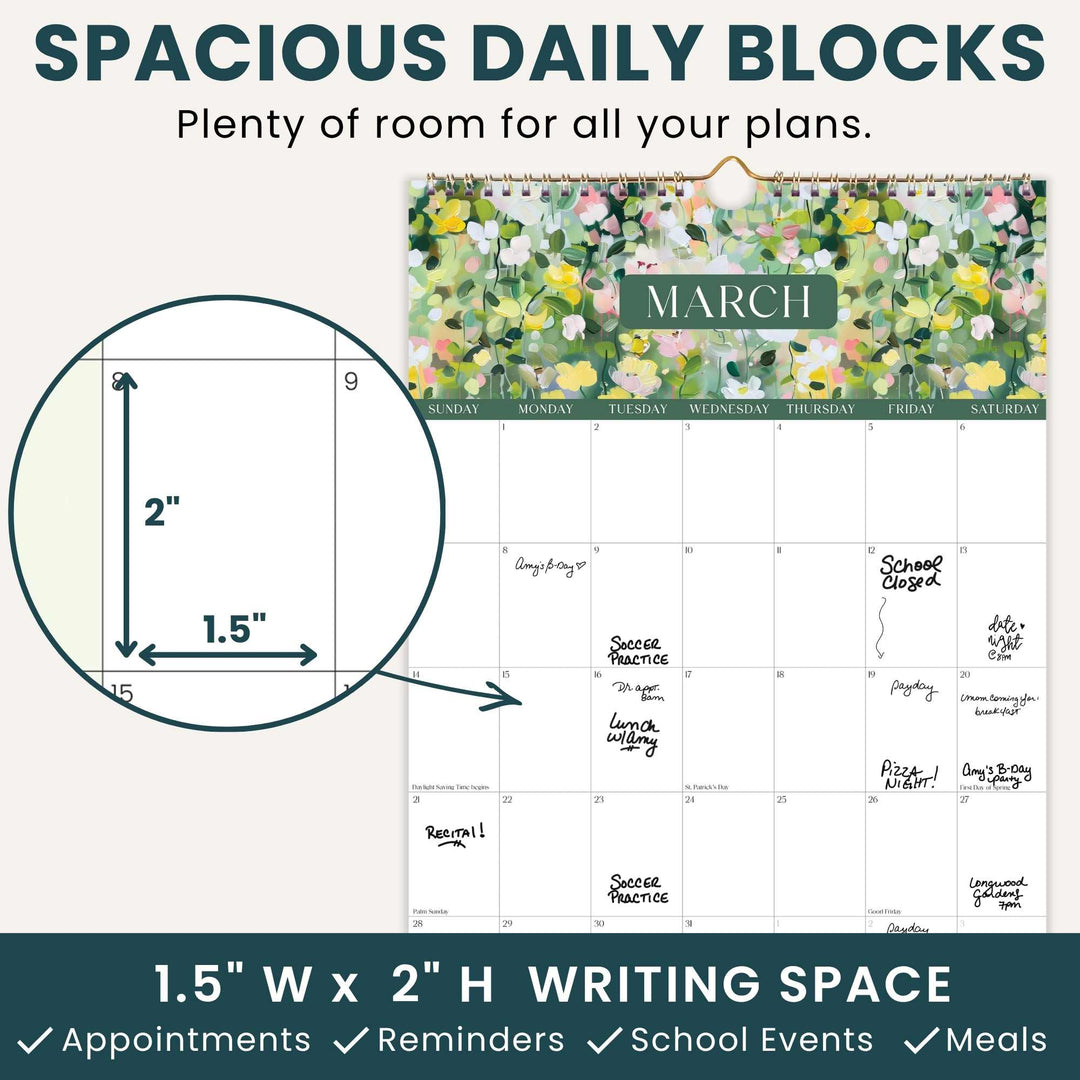 Calendar with floral design and writing space, labeled 'Spacious Daily Blocks' with dimensions and uses.
