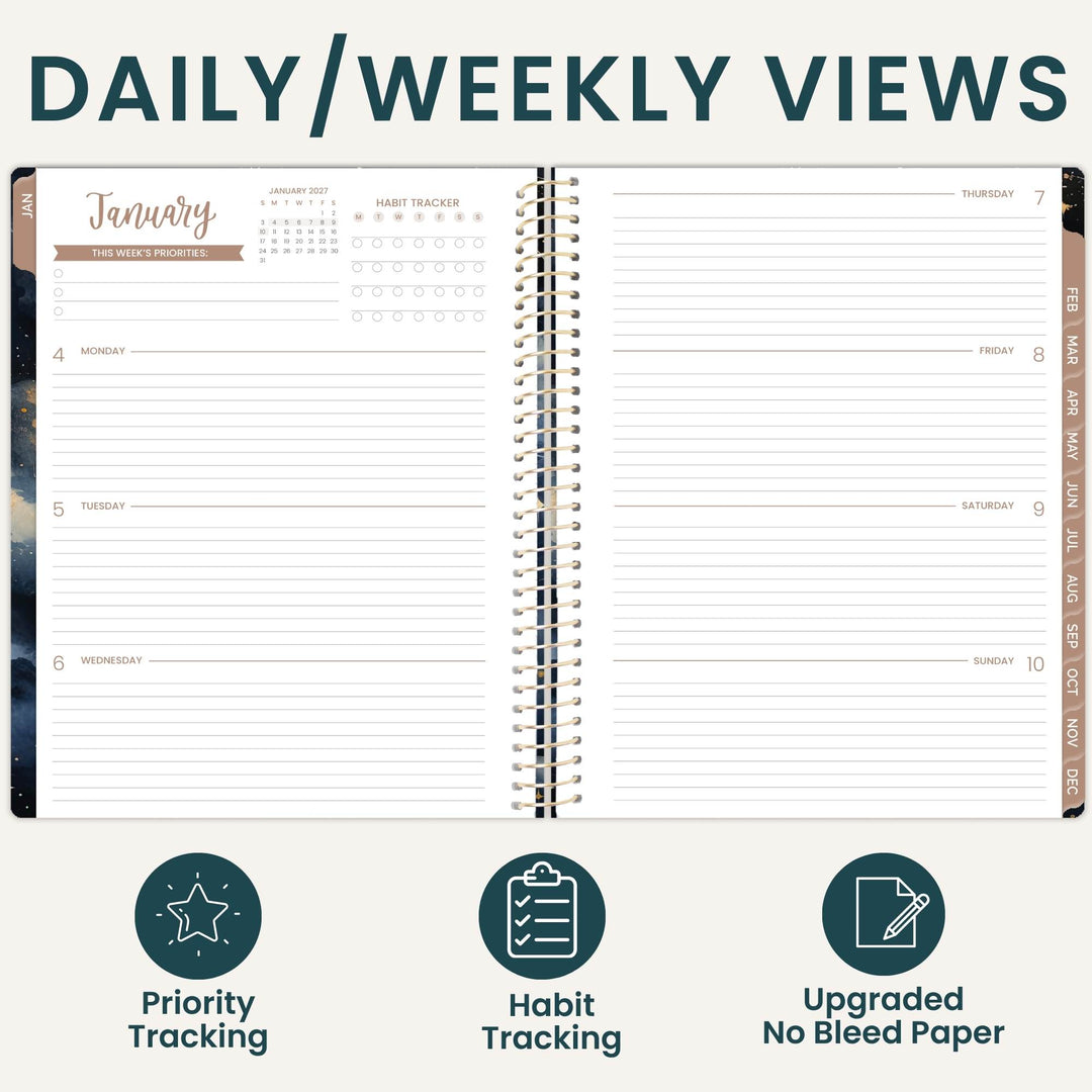 An open spiral-bound planner shown on a light beige background with the heading 'DAILY/WEEKLY VIEWS' at the top and three feature icons below: Priority Tracking, Habit Tracking, and Upgraded No Bleed Paper. The planner pages are mostly white with dark teal text and lines, plus small warm brown/gold accents in the calendar and headers.