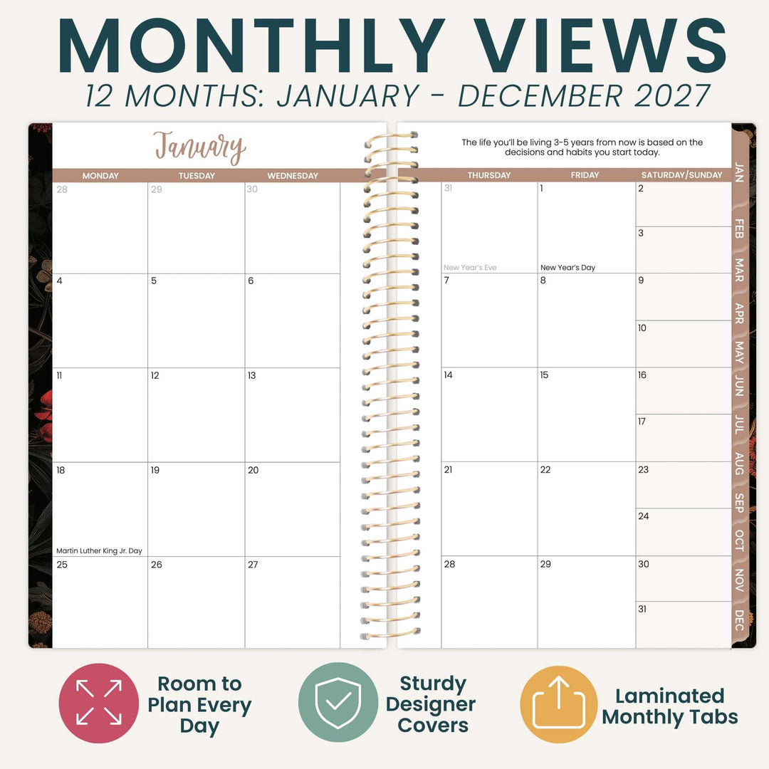 A monthly spread in an open planner with a gold coil and tan monthly tabs down the right hand side.