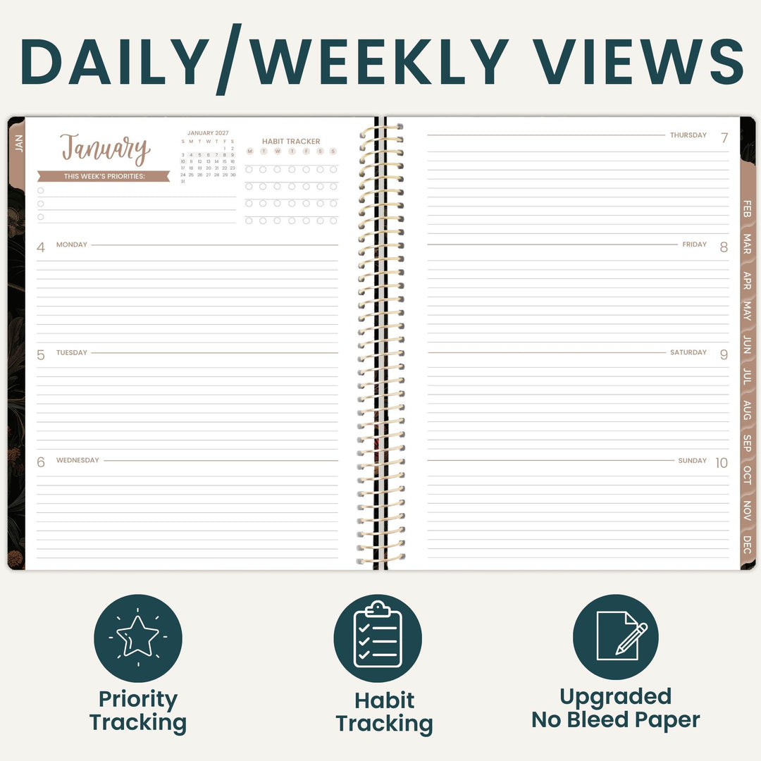 An open spiral-bound planner shown from above, with the heading 'DAILY/WEEKLY VIEWS' above it and three feature icons below: Priority Tracking, Habit Tracking, and Upgraded No Bleed Paper. The planner pages are white with gray lines and neutral brown accents.