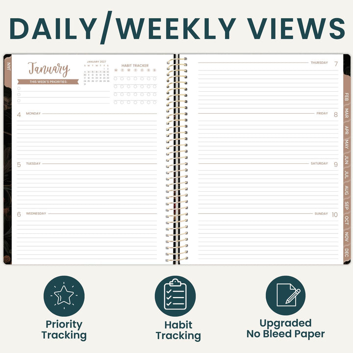 An open spiral-bound planner shown from above, with the heading 'DAILY/WEEKLY VIEWS' above it and three feature icons below: Priority Tracking, Habit Tracking, and Upgraded No Bleed Paper. The planner pages are white with gray lines and neutral brown accents.