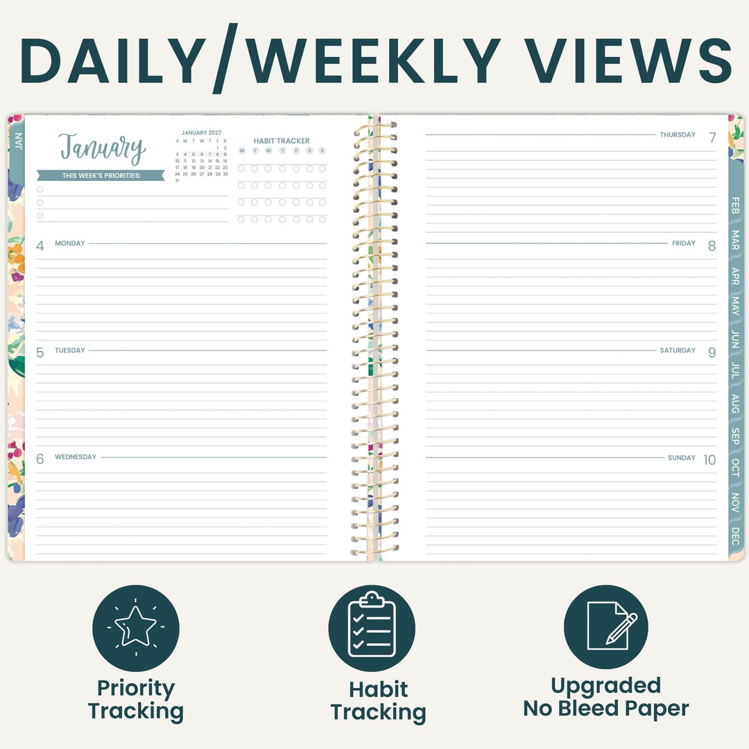 An open spiral-bound planner shown on a light beige background with the heading 'DAILY/WEEKLY VIEWS' at the top and three feature icons below: Priority Tracking, Habit Tracking, and Upgraded No Bleed Paper. The planner pages are mostly white with dark teal text and a small multicolor floral border on the left edge.
