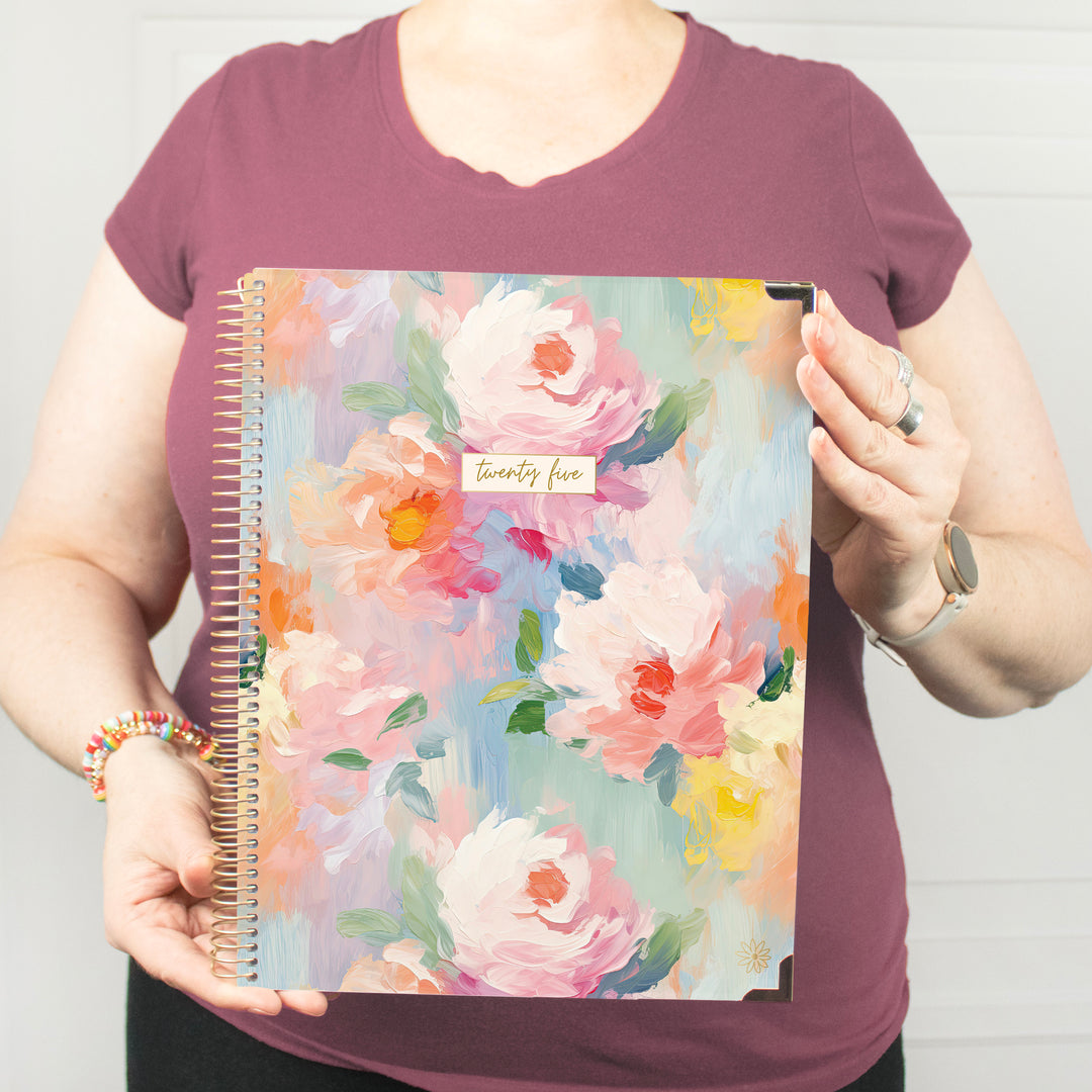 2025 Hard Cover Planner, 8.5" x 11", Painted Peonies