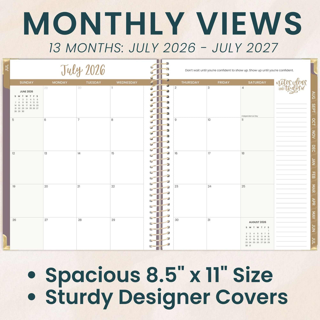 Calendar with monthly views for July 2026 to July 2027, featuring a spacious 8.5" x 11" size and sturdy designer covers.