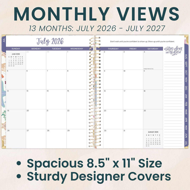 Monthly view planner with July 2026 to July 2027 dates, size 8.5" x 11", and sturdier designer cover.