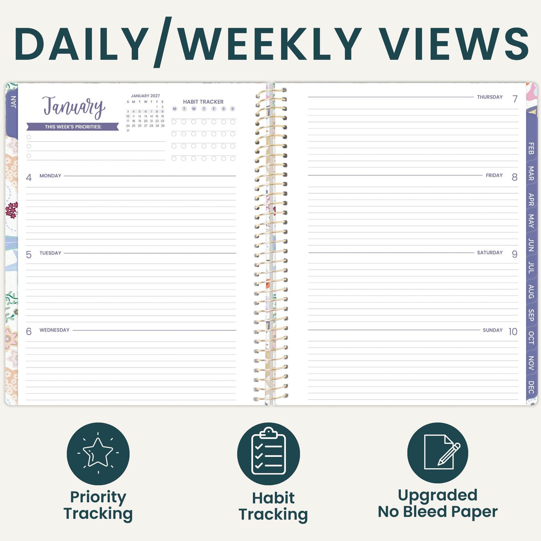 Daily/weekly planner spread with lined notes, gold spiral binding and habit tracking tabs