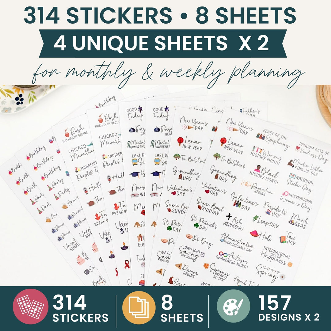 Clear-backed sticker pack: 314 stickers on 8 sheets, 4 unique sheets x 2 designs.