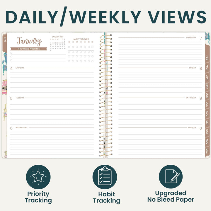 An open spiral-bound planner shown on a light beige background with the heading 'DAILY/WEEKLY VIEWS' at the top and three feature icons below: Priority Tracking, Habit Tracking, and Upgraded No Bleed Paper.