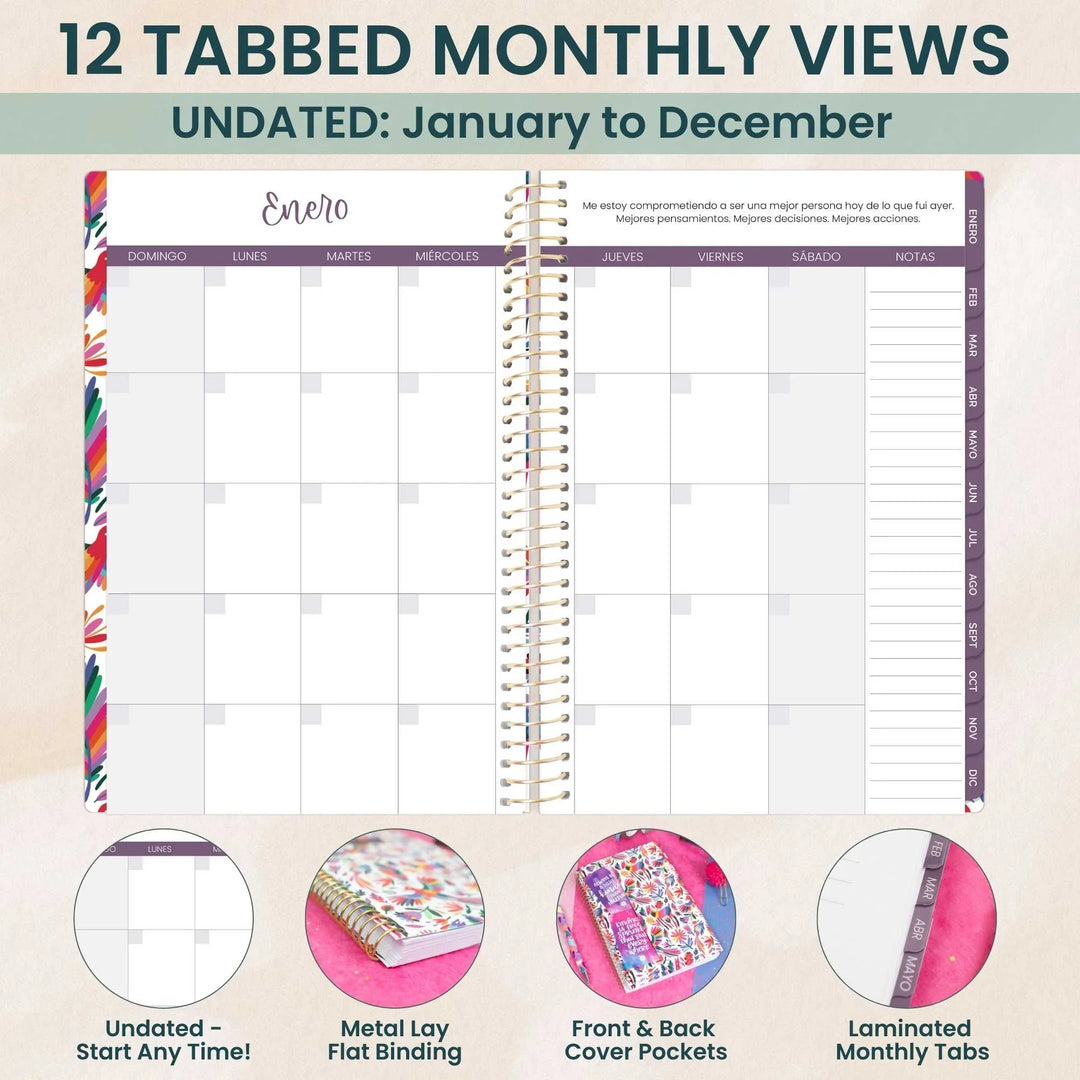 Undated monthly planner with colorful tabs and text on a beige background