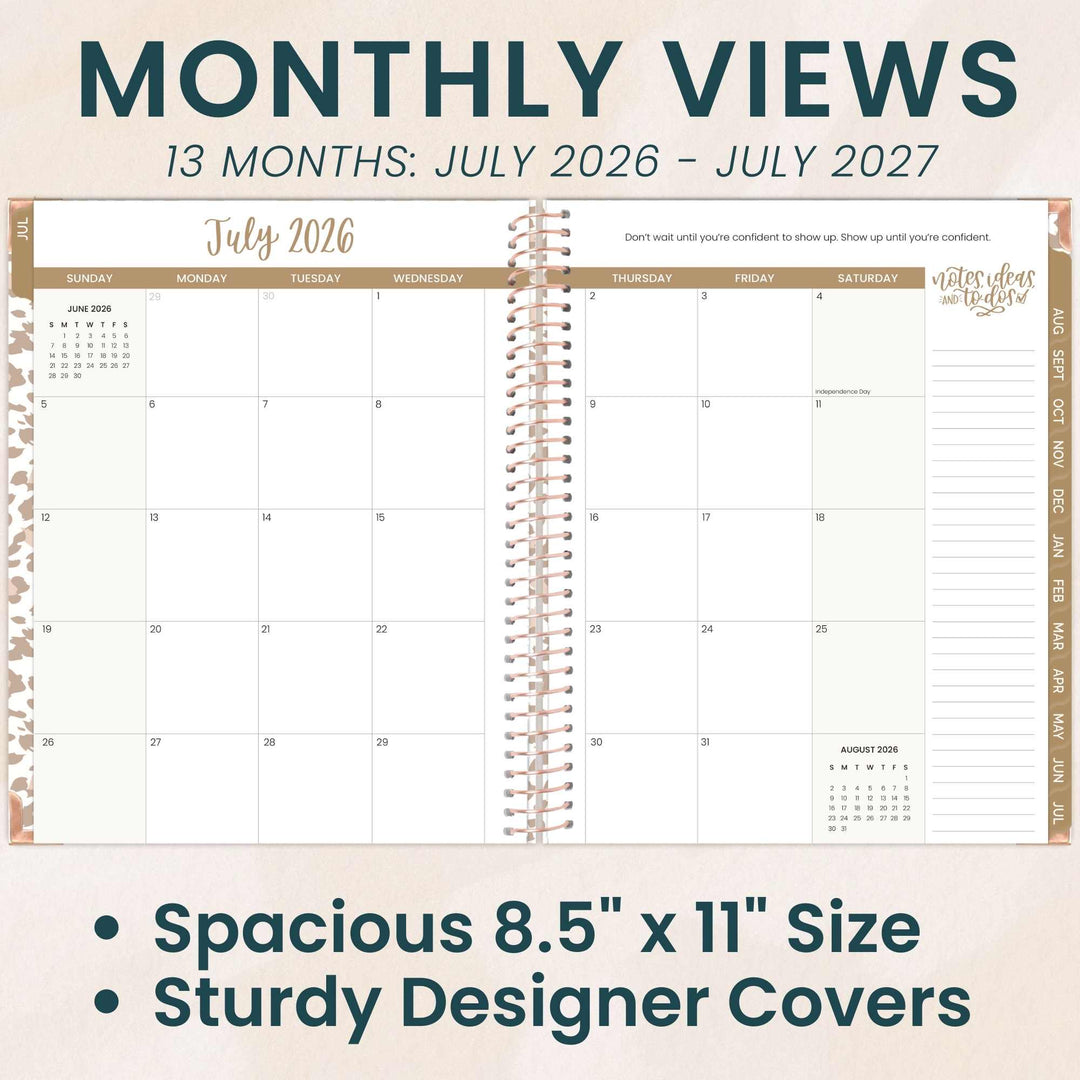 Calendar with monthly views from July 2026 to July 2027, featuring a spacious 8.5" x 11" size and sturdy designer covers.