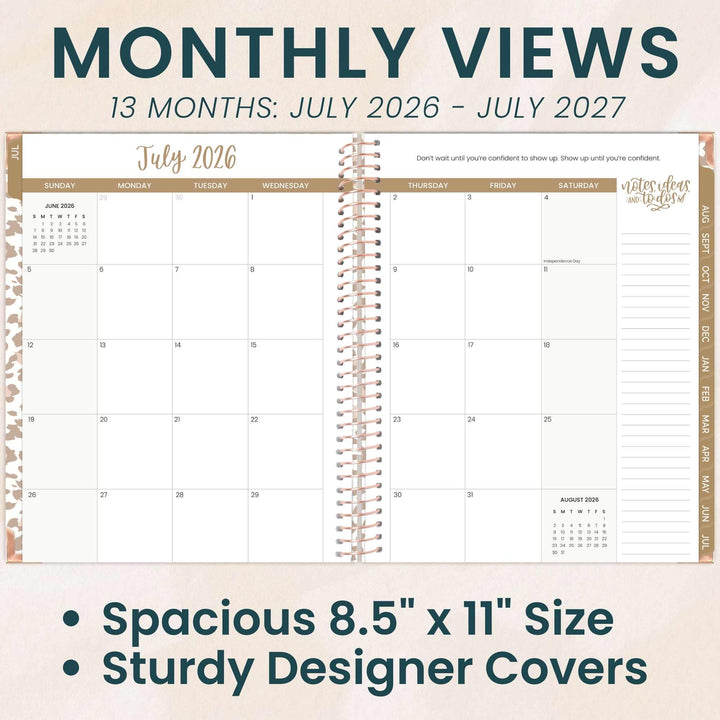 Calendar with monthly views from July 2026 to July 2027, featuring a spacious 8.5" x 11" size and sturdy designer covers.