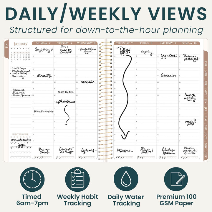 An open spiral-bound planner shown on a white background with marketing text at the top reading 'DAILY/WEEKLY VIEWS' and four feature icons at the bottom for timed 6am-7pm blocks, weekly habit tracking, daily water tracking, and premium 100 GSM paper.