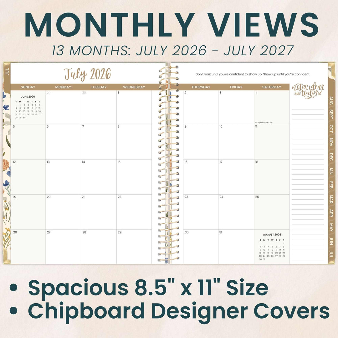 Calendar with monthly views from July 2026 to July 2027, featuring chipboard designer covers.