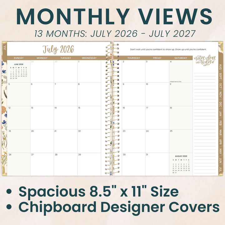 Calendar with monthly views from July 2026 to July 2027, featuring chipboard designer covers.