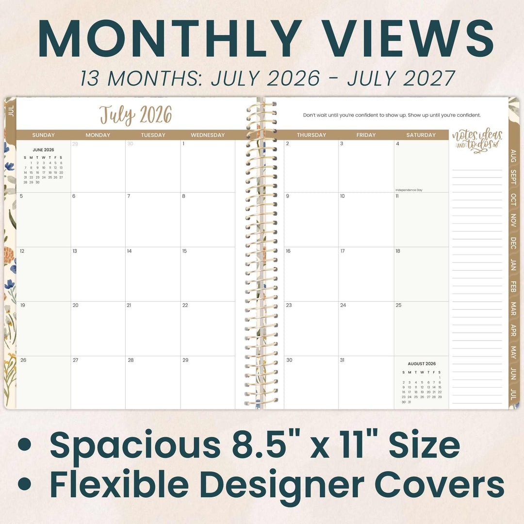 Calendar with monthly views for 13 months, July 2026 to July 2027, on a beige background.