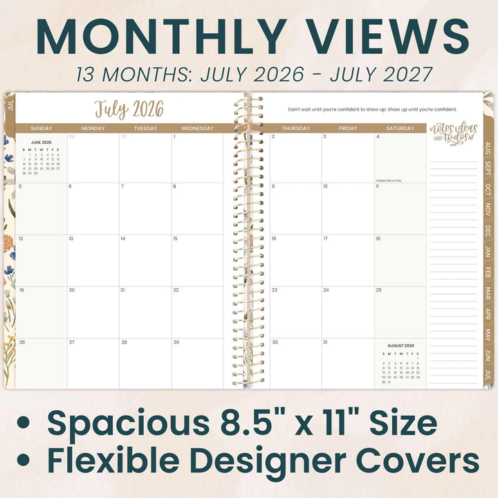 Calendar with monthly views for 13 months, July 2026 to July 2027, on a beige background.