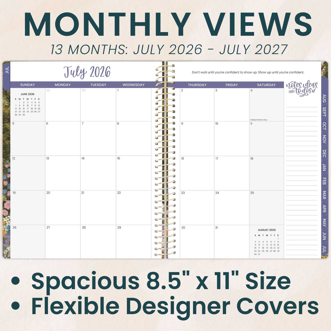 Monthly view planner with July 2026 to July 2027 dates, featuring a spacious 8.5" x 11" size and flexible designer covers.