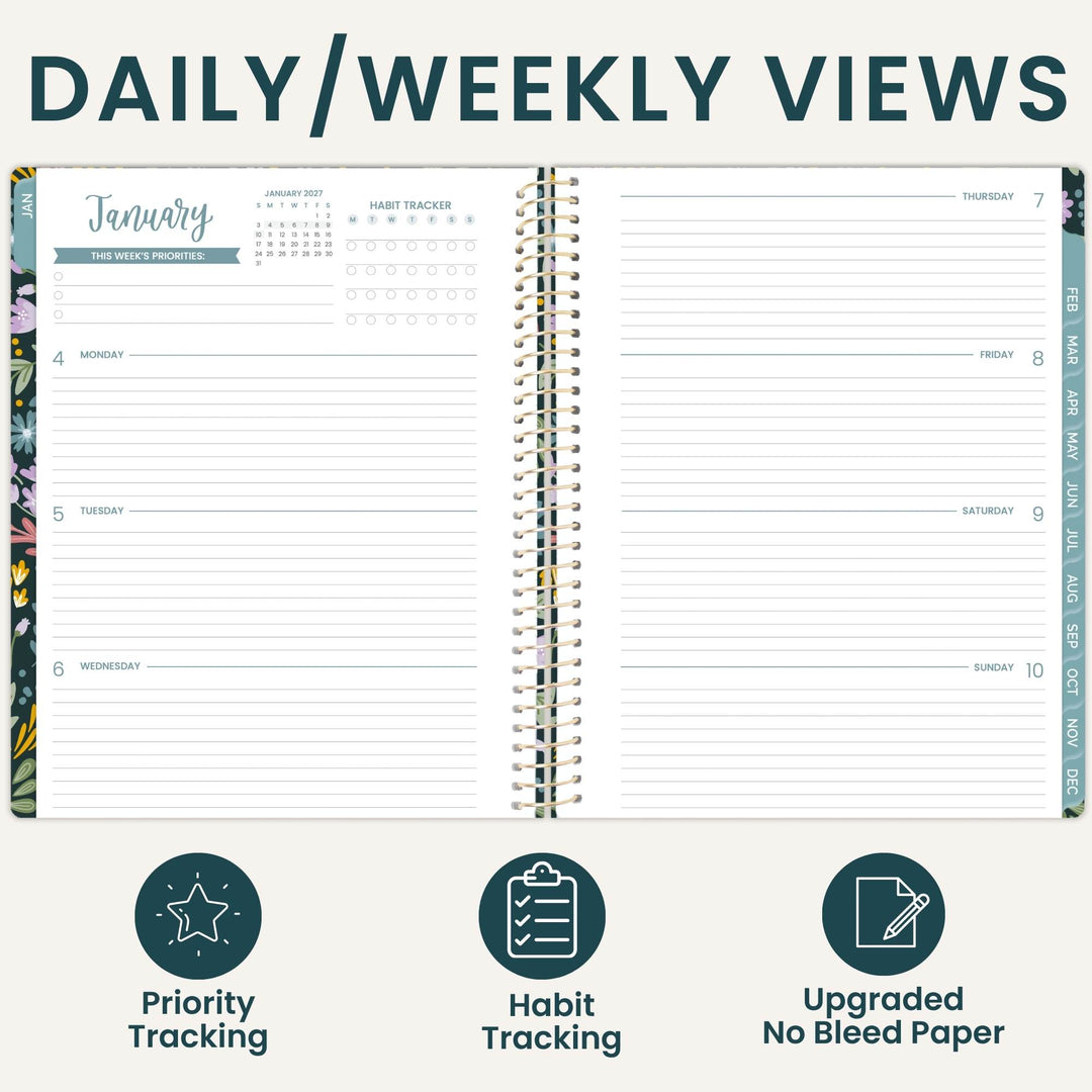 An open spiral-bound planner shown on a light beige background with the heading 'DAILY/WEEKLY VIEWS' at the top and three feature icons below: Priority Tracking, Habit Tracking, and Upgraded No Bleed Paper. The planner pages are mostly white with dark teal text and a teal January header block, and the side tabs are dark teal with white text.