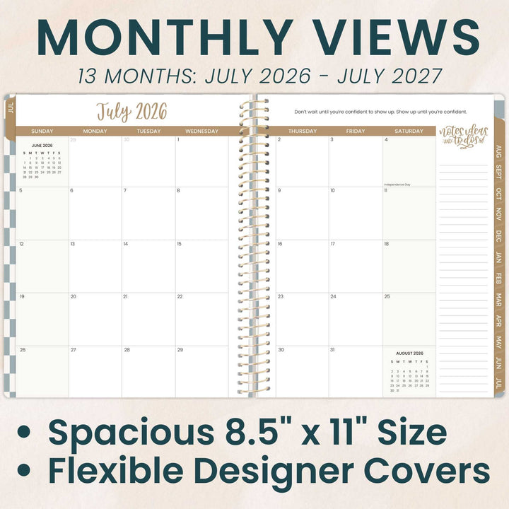 Monthly view planner with July 2026 to July 2027 dates, size and cover options text.