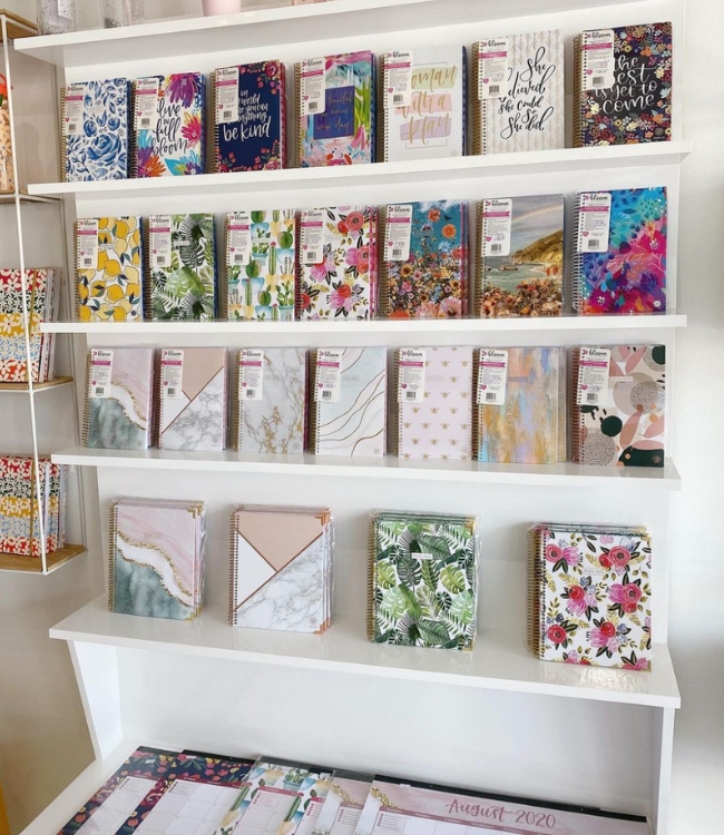 Display of planners in a store.