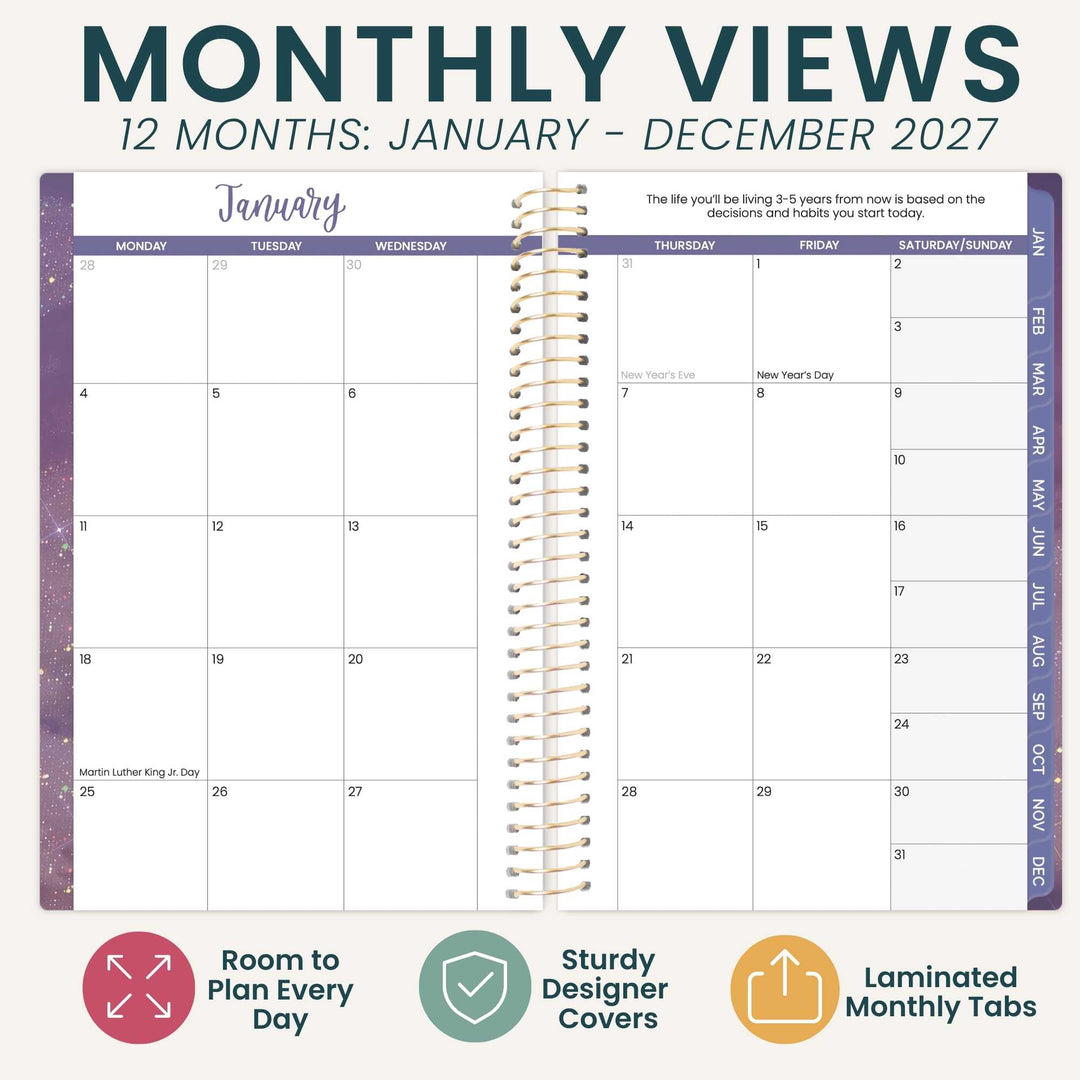 A spiral-bound monthly planner page set shown on a white background with marketing text above and feature icons below. The top text reads 'MONTHLY VIEWS 12 MONTHS: JANUARY - DECEMBER 2027.