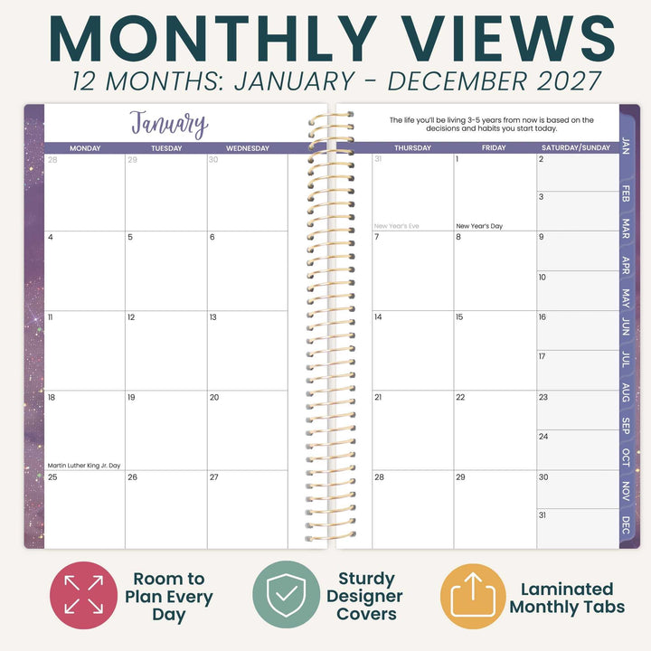 A spiral-bound monthly planner page set shown on a white background with marketing text above and feature icons below. The top text reads 'MONTHLY VIEWS 12 MONTHS: JANUARY - DECEMBER 2027.