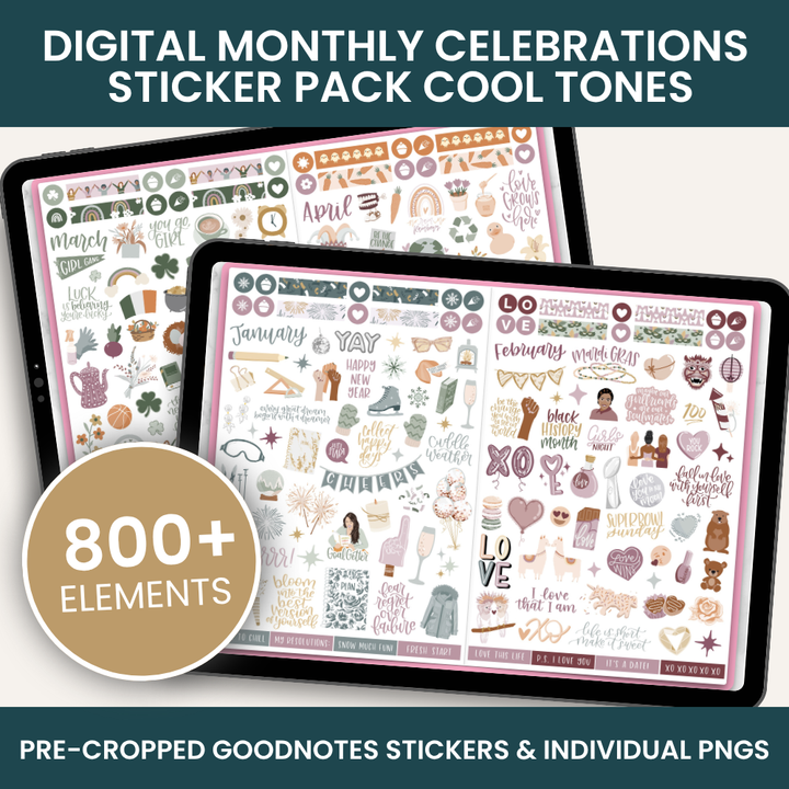 Digital Planner Stickers, Monthly Celebrations, Cool Tones