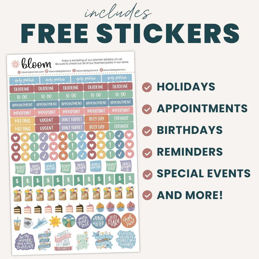 Sheet of planner stickers with various designs and text indicating included features.
