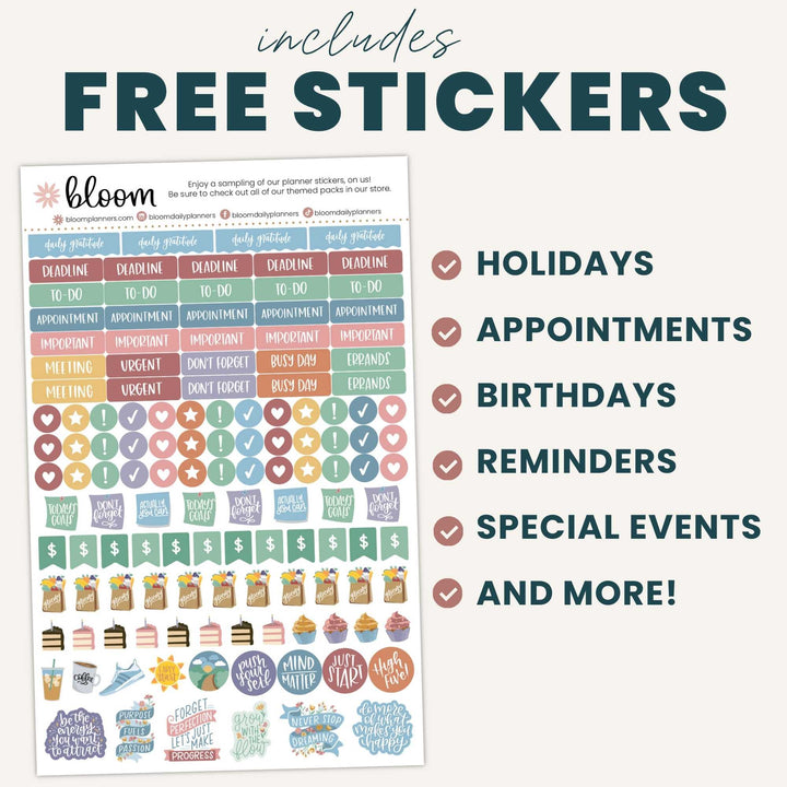 Sheet of planner stickers with various designs and text indicating included features.