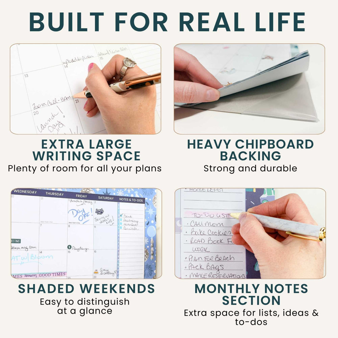 Product features of a planner with text highlighting its qualities.