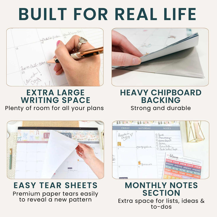 Product features with text highlighting large writing space, chipboard backing, tear sheets, and monthly notes section.
