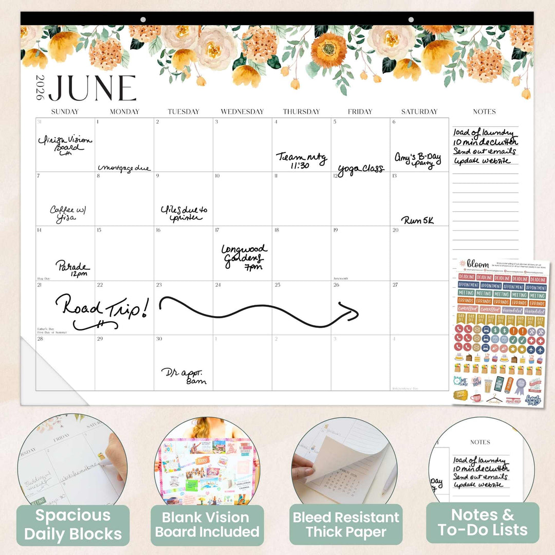 2026 Desk & Wall Calendar, 16" x 21", Seasonal Florals