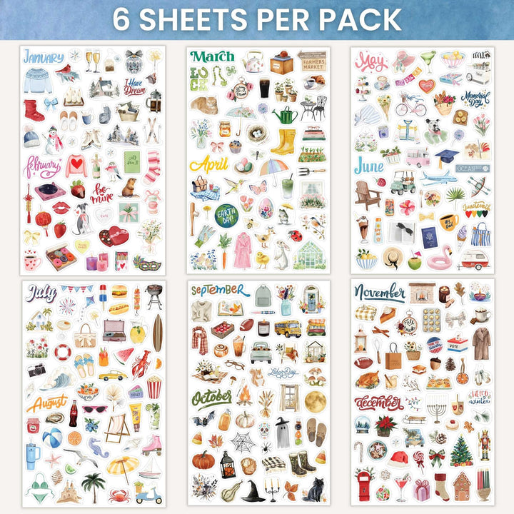 Sticker sheets with seasonal designs and text, labeled '6 Sheets Per Pack'.