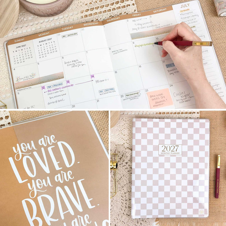 Collage of a planner being used, motivational quote card, and checkered planner cover.