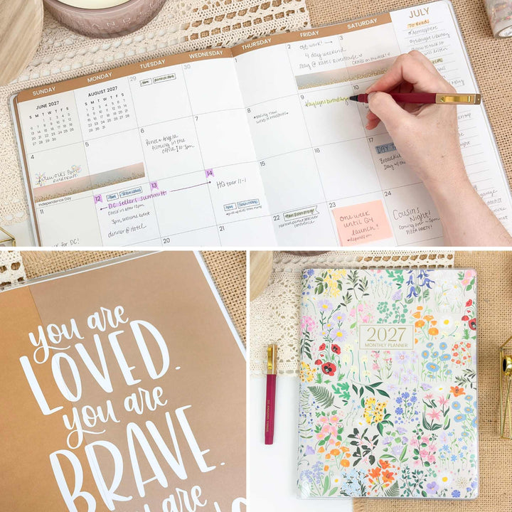 Collage of a planner being used, a motivational quote card, and a floral planner cover.