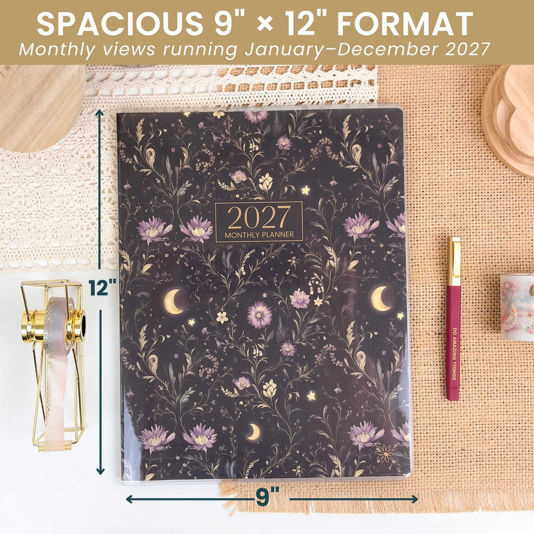 2027 planner with floral design and measurements on a textured surface