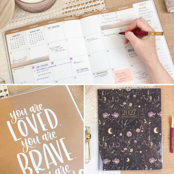Collage of a planner being used, a motivational quote card, and a decorative 2027 calendar.