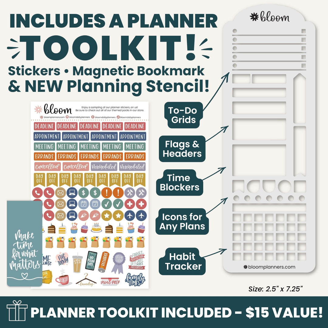 Promotional graphic for a planner toolkit by bloom, showing a large white planner stencil on the right, a sheet of colorful stickers on the left, and text callouts listing included items such as to-do grids, flags and headers, time blockers, icons for any plans, and habit tracker. The image includes a teal banner at the bottom reading 'PLANNER TOOLKIT INCLUDED - $15 VALUE!'.