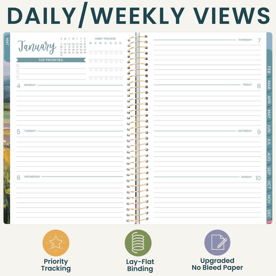 An open spiral-bound planner shown from above, with a January daily/weekly view page spread across two columns. Large text at the top reads 'DAILY/WEEKLY VIEWS,' and three feature icons and labels at the bottom mention priority tracking, lay-flat binding, and upgraded bleed paper.