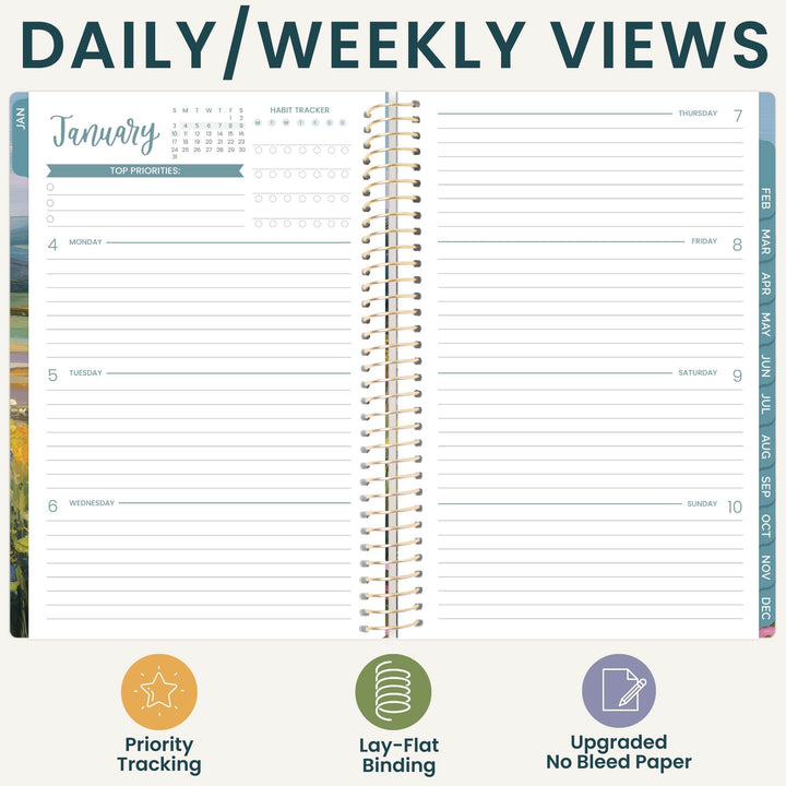 An open spiral-bound planner shown from above, with a January daily/weekly view page spread across two columns. Large text at the top reads 'DAILY/WEEKLY VIEWS,' and three feature icons and labels at the bottom mention priority tracking, lay-flat binding, and upgraded bleed paper.