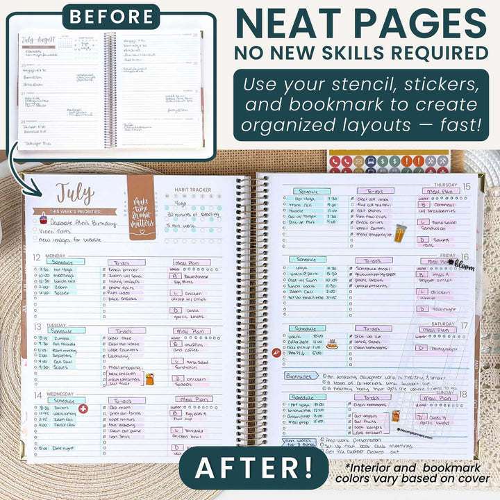 A promotional collage for a planner sticker set showing before-and-after planner layouts. The top section contains marketing text ('NEAT PAGES NO NEW SKILLS REQUIRED') and a small before sample.