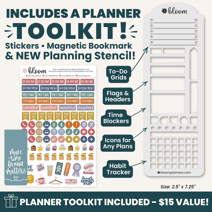 Promotional graphic for a planner toolkit set by Bloom, showing a white plastic planner stencil on the right, a sheet of colorful stickers on the left, and text callouts listing included features such as to-do grids, flags and headers, time blockers, icons for any plans, and habit trackers.