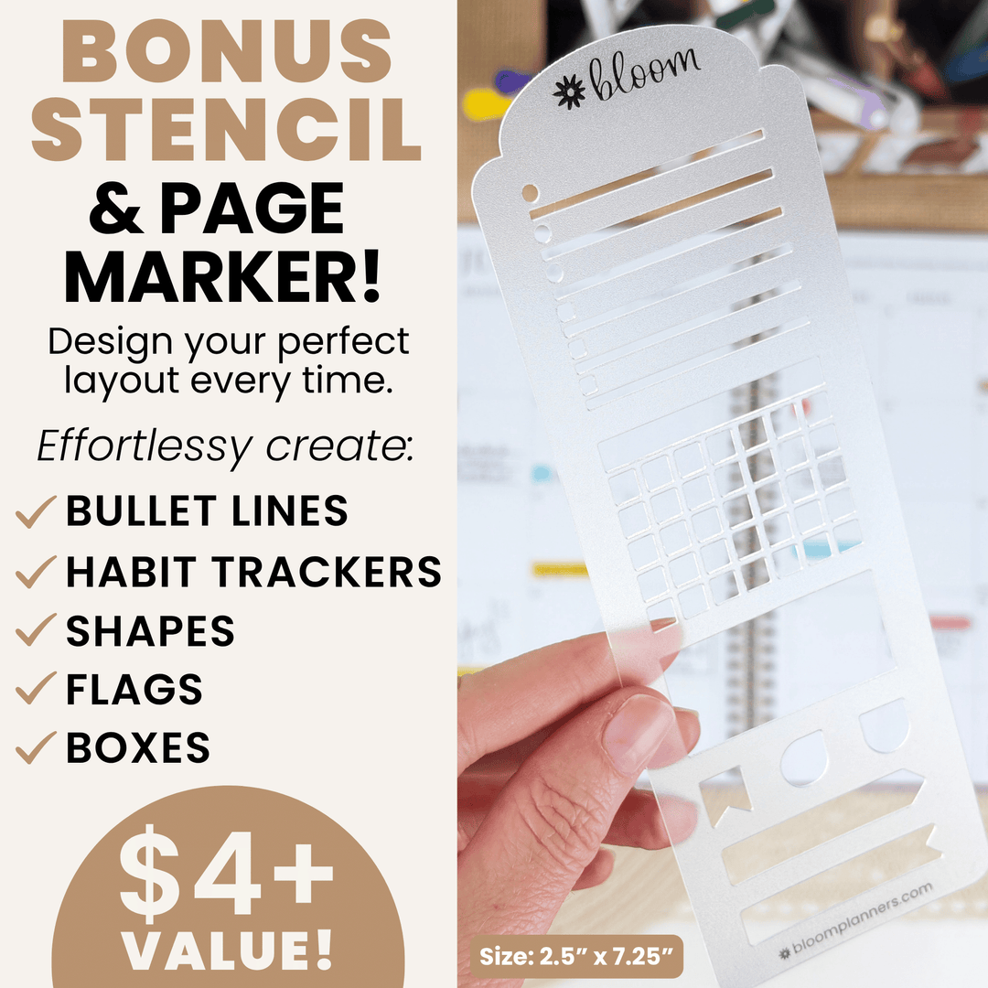 Promotional graphic for a bonus stencil and page marker set. The left side has text reading 'BONUS STENCIL & PAGE MARKER!' with features like bullet lines, habit trackers, shapes, flags, and boxes, plus a '$4+ VALUE!' badge.