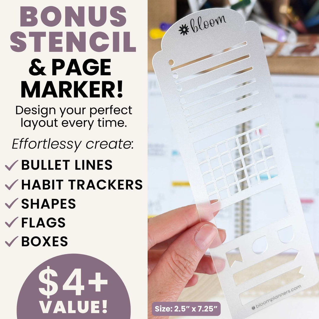 A hand holds a clear plastic stencil page marker branded '#bloom' against a blurred desk background, with a large promotional text panel on the left advertising a bonus stencil and page marker set.