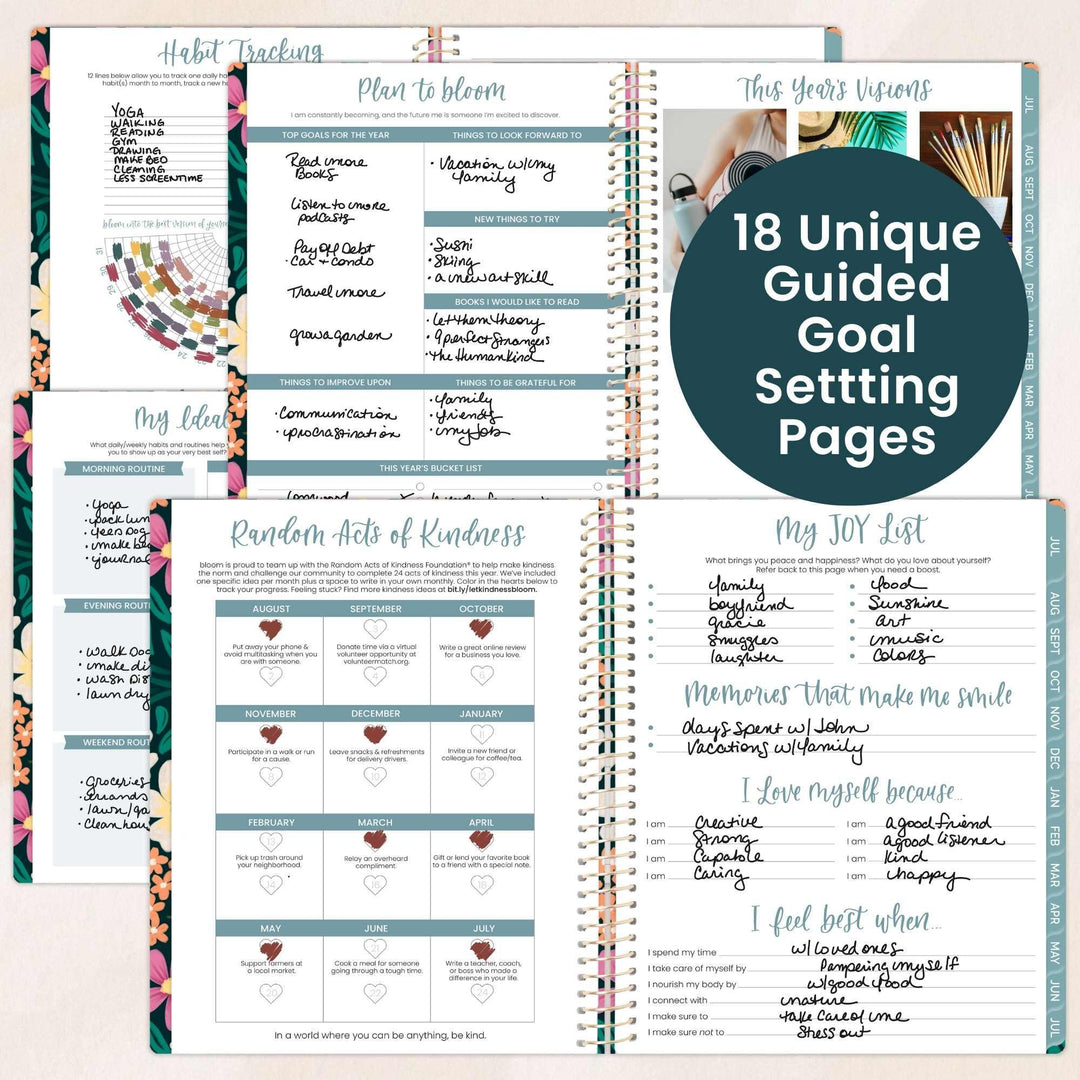 Open planner with guided goal setting pages on a light background