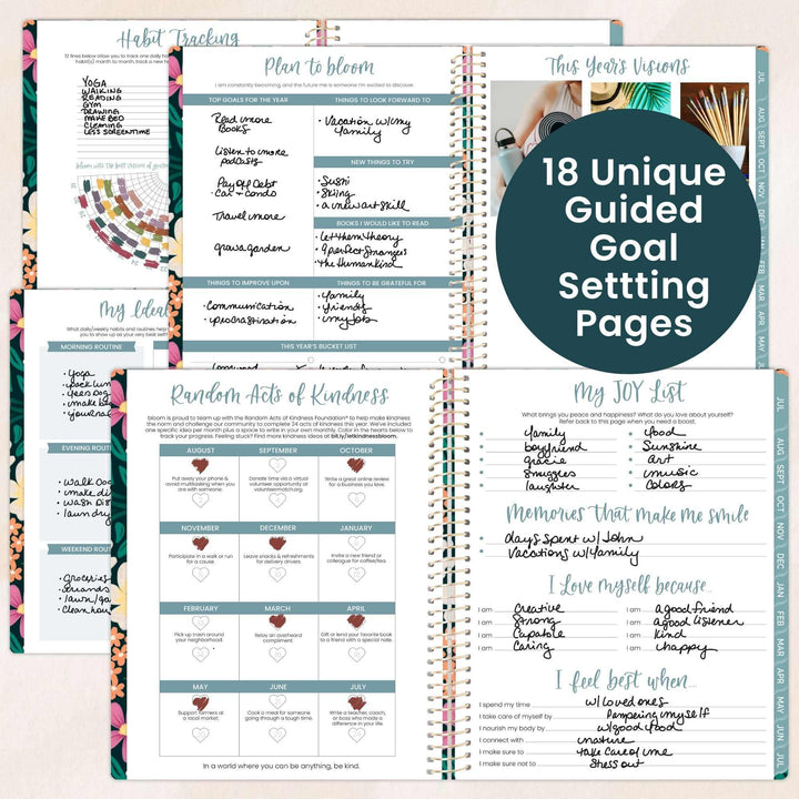 Open planner with guided goal setting pages on a light background