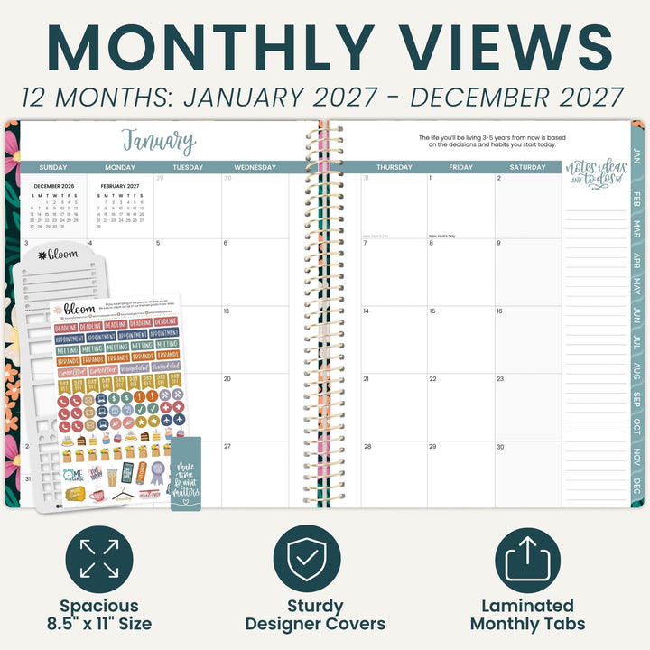 A planner promotional graphic showing a 12-month monthly views planner spread open with sticker sheets and feature callouts. Large text at the top reads 'MONTHLY VIEWS' and '12 MONTHS: JANUARY 2027 - DECEMBER 2027.
